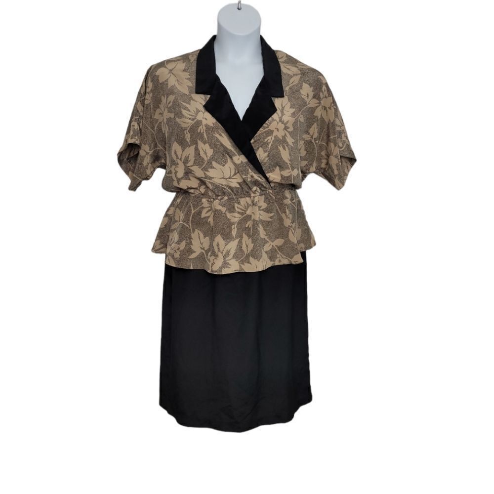 VINTAGE 80s dress peplum dark floral short sleeve v-neck collar S/M